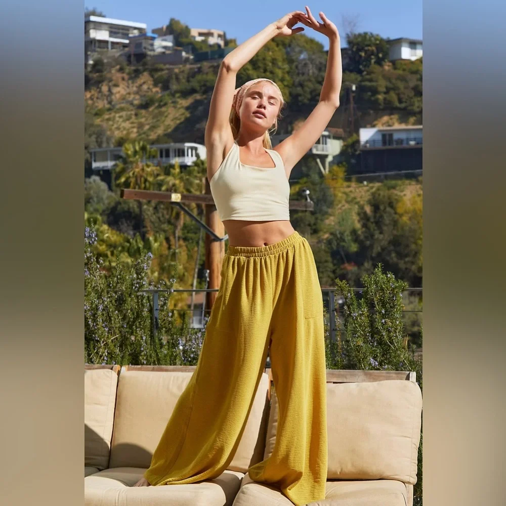 Free People Beach Talk to me Co-ord Green Wide Leg Gauze Pants Elastic Waist